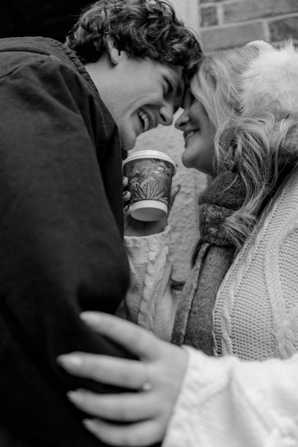 Coffee, laughter, and a quiet morning, black and white